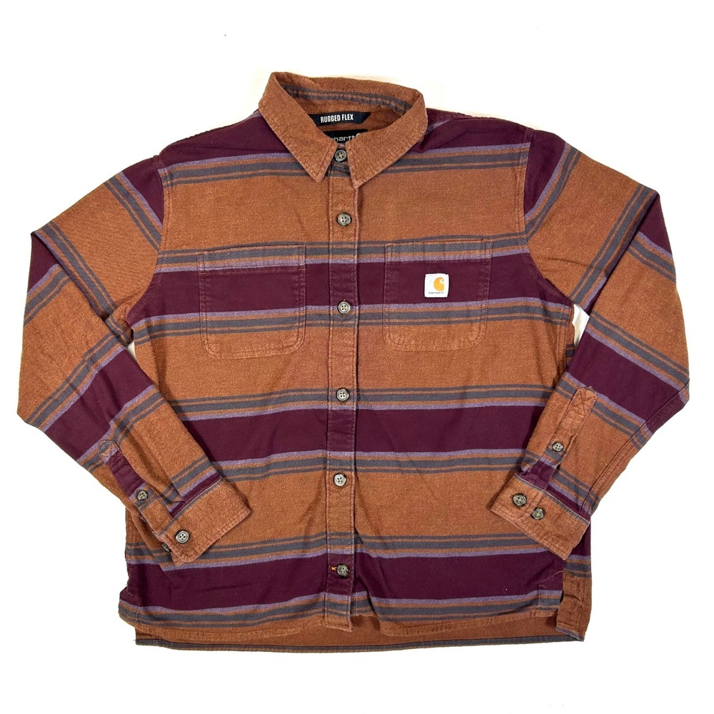 Carhartt Rugged Flex Loose Fit Striped Flannel Shirt Brown Burgundy 104972 B19 S